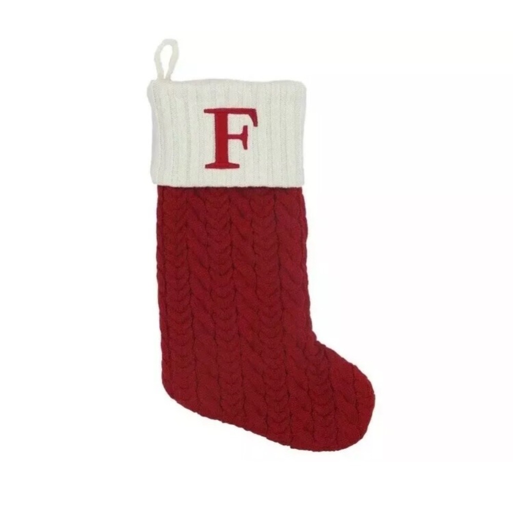 Red Cable Knit Christmas Stocking w/ Letter "F”